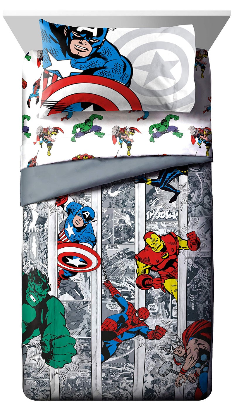 Jay Franco Marvel Avengers Comic Cool 7 Piece Full Bed Set - Includes Comforter & Sheet Set - Bedding Features Captain America, Spiderman, Iron Man, Hulk, & Thor - Super Soft - Image 2